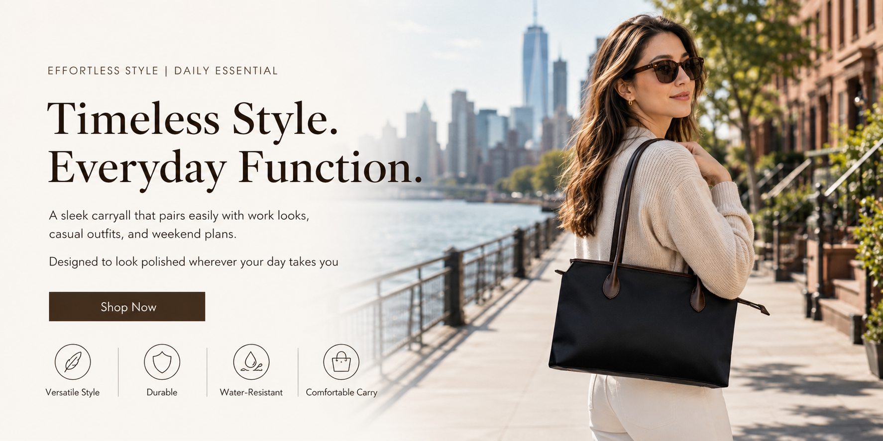 LAYRICH Black Lightweight Commuter Tote - a scene of it being worn on the shoulder, made of splash-proof nylon with leather details, suitable for daily commuting and weekend outings for office workers .
