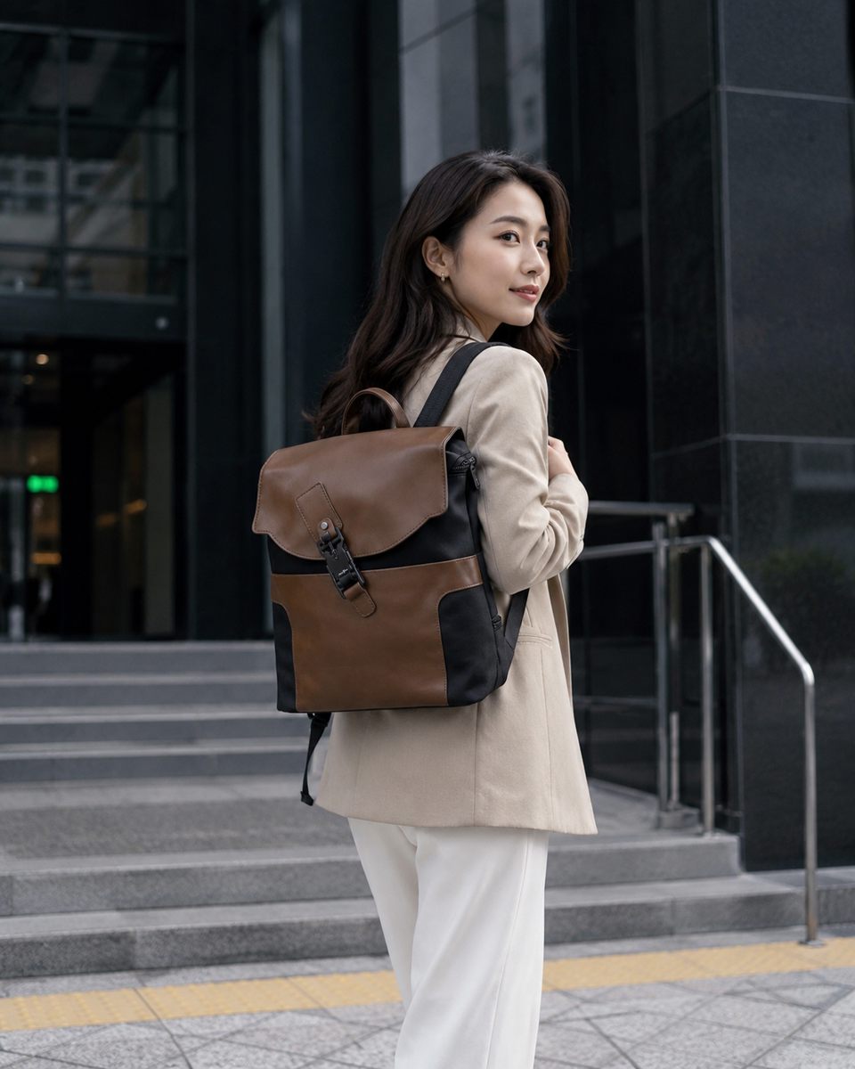 LAYRICH 防盜後背包都市通勤情境，女性背著日本設計後背包走在台灣辦公大樓與捷運通勤場景，搭配義大利真皮與防潑水布料