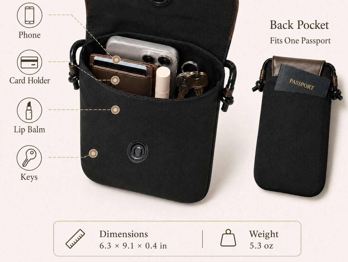 LAYRICH On-the-Go Pouch - Light Gray, Fresh Style Capacity Diagram. The flap can be opened backwards and can hold a mobile phone, card holder, lip balm, keys, and compact powder. The back pocket can hold 1 passport. Dimensions: 16 × 23 × 1 cm, Weight: 150g.
