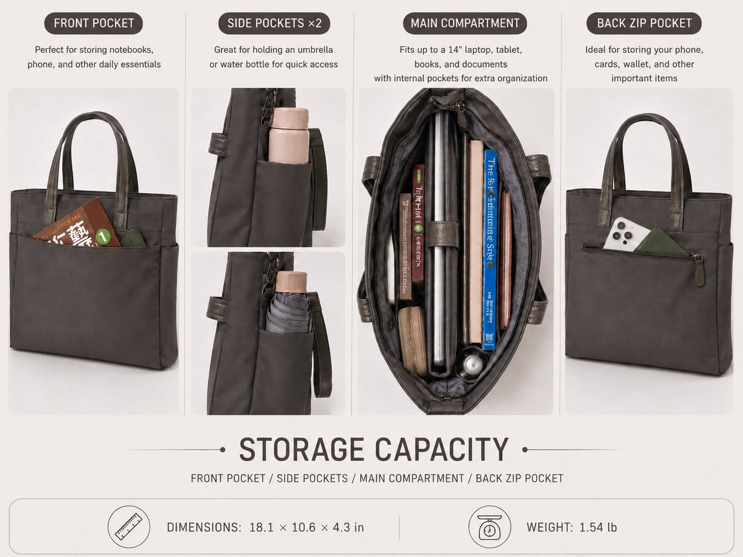 Laptop tote bag capacity demonstration: accommodates a 14-inch laptop, books, documents, a mobile phone, and daily essentials, suitable for commuting .