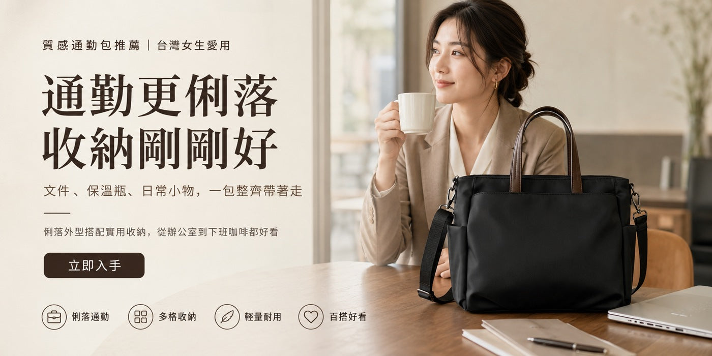 LAYRICH 黑色大容量通勤托特包情境圖，適合台灣女生上班通勤、咖啡廳外出，多格收納、輕量耐用、日常百搭