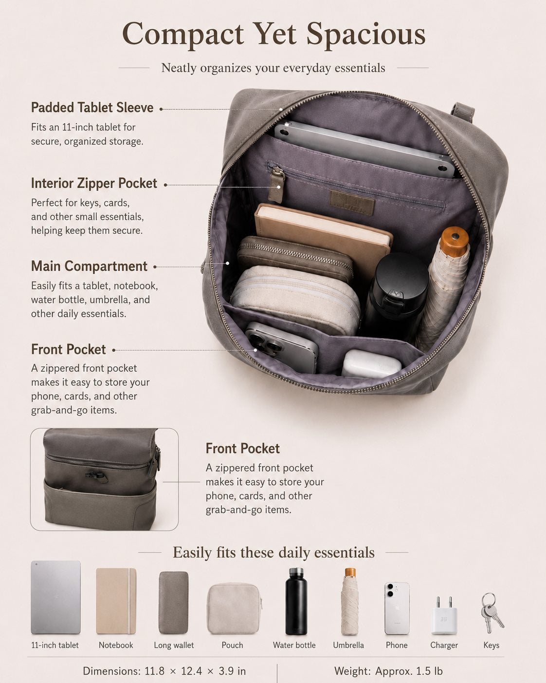 Initial Backpack 30×31.5×10cm lightweight backpack capacity display. It can hold an 11-inch tablet, notebook, long wallet, water bottle, umbrella, and daily essentials. Approximately 700g, this lightweight commuter bag features a front pocket for more organized daily commuting storage.