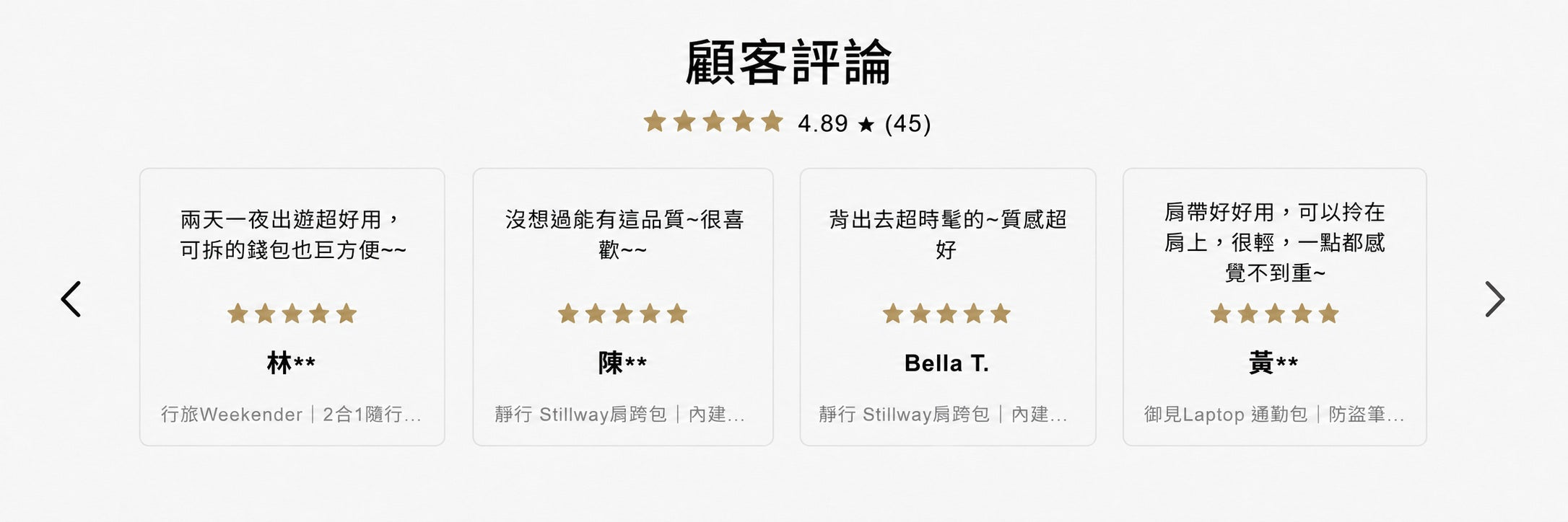 Layrich 顧客評論展示，台灣女性通勤包、肩背包與旅行包使用心得，輕量實用適合上班、出遊與日常搭配。