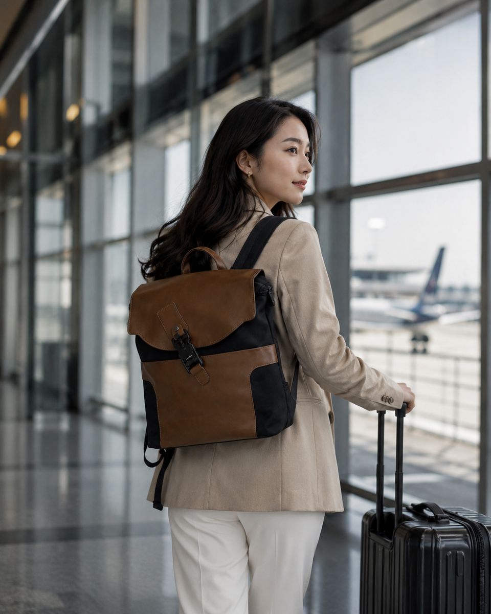LAYRICH 輕量後背包機場旅行情境，女性搭配行李箱背著防盜後背包，適合短途旅行與商務通勤，日本設計義大利真皮細節