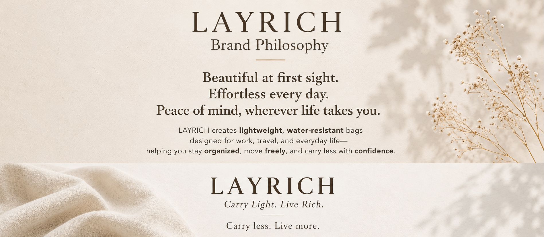LAYRICH lightweight water-resistant everyday bag brand philosophy banner for work, travel, and daily carry