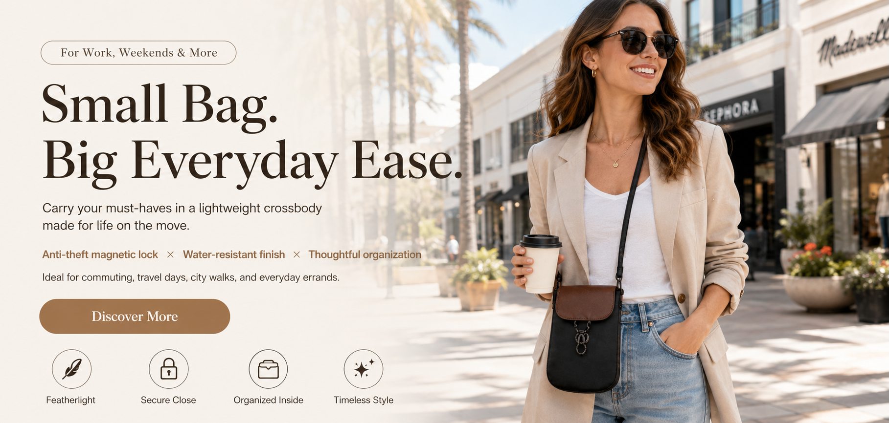LAYRICH Anti-theft Crossbody Bag - Lifestyle image. Black water-repellent nylon with leather accents. Perfect for women commuting, dating, cafe visits, and light travel.