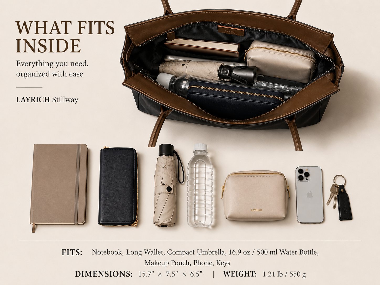 LAYRICH Stillway Tote Bag capacity display: Fits notebooks, long wallets, folding umbrellas, 500ml water bottles, cosmetic pouches, phones, and keys. A lightweight commuting bag measuring 40×19×16.5cm.