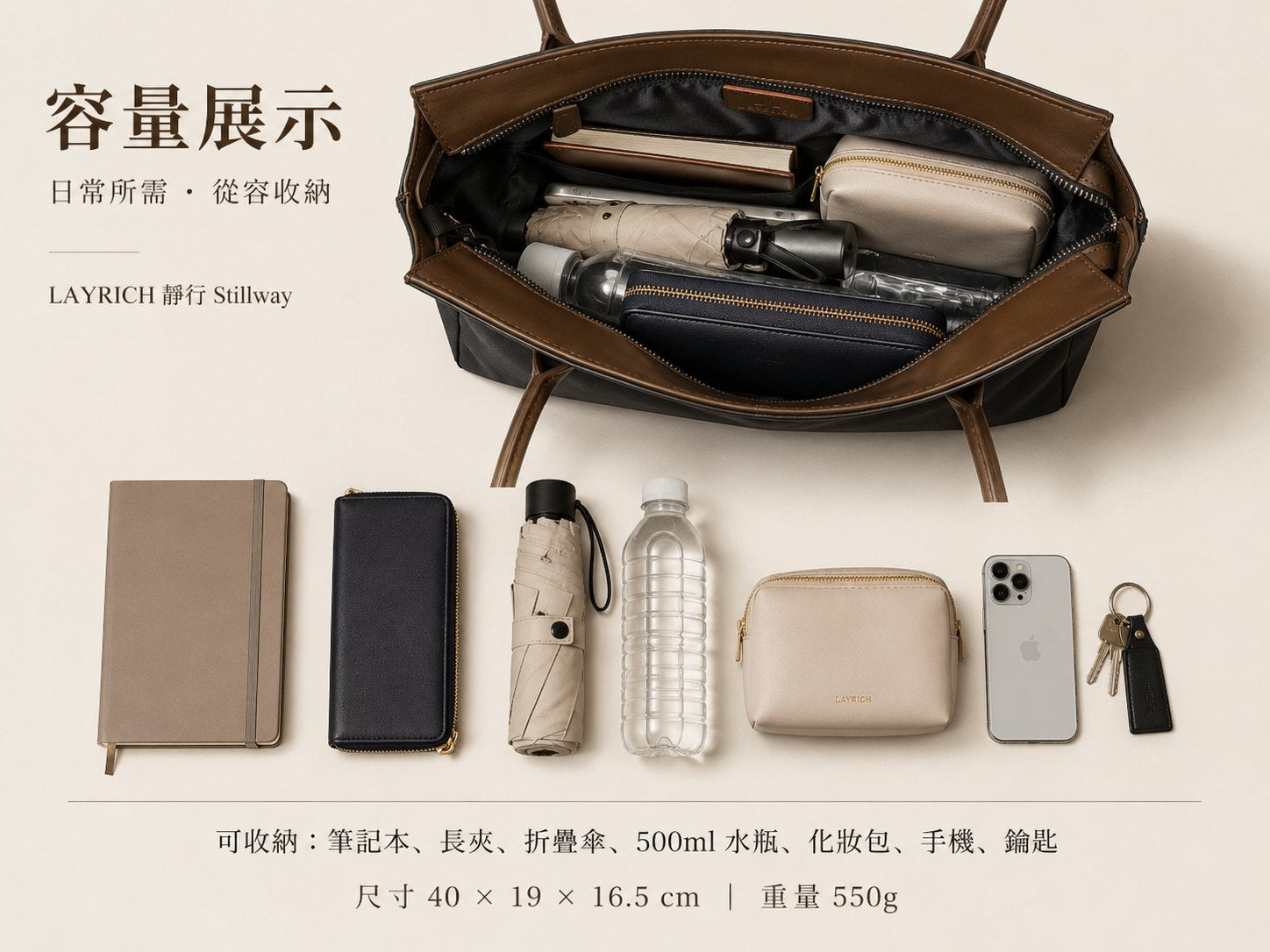 LAYRICH 靜行 Stillway 托特包容量展示，可收納筆記本、長夾、折疊傘、500ml 水瓶、化妝包、手機與鑰匙，40×19×16.5cm 輕量通勤包