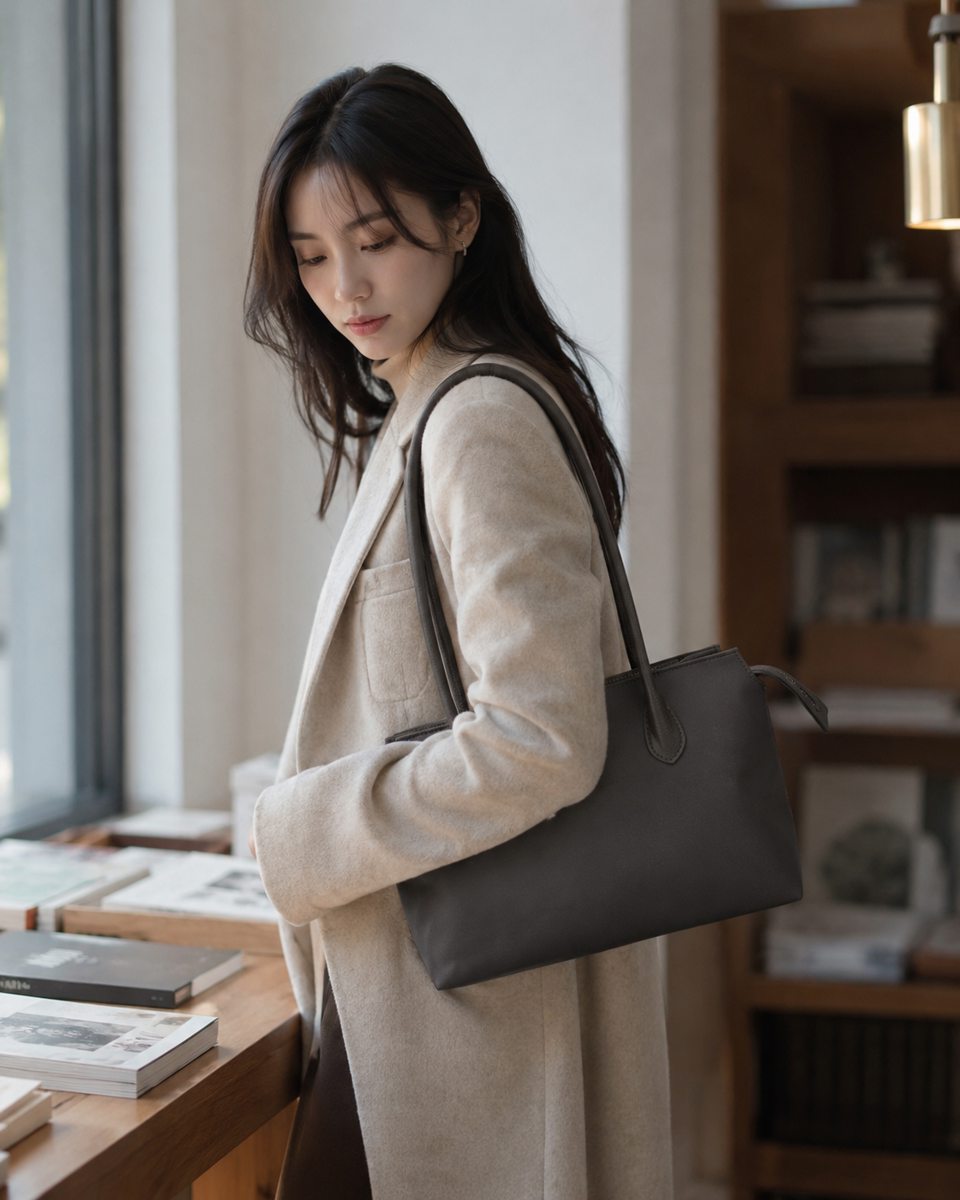 LAYRICH Stillway 女用通勤包咖啡廳情境圖，黑棕色包款適合台灣女生上班通勤、日常外出與質感穿搭。