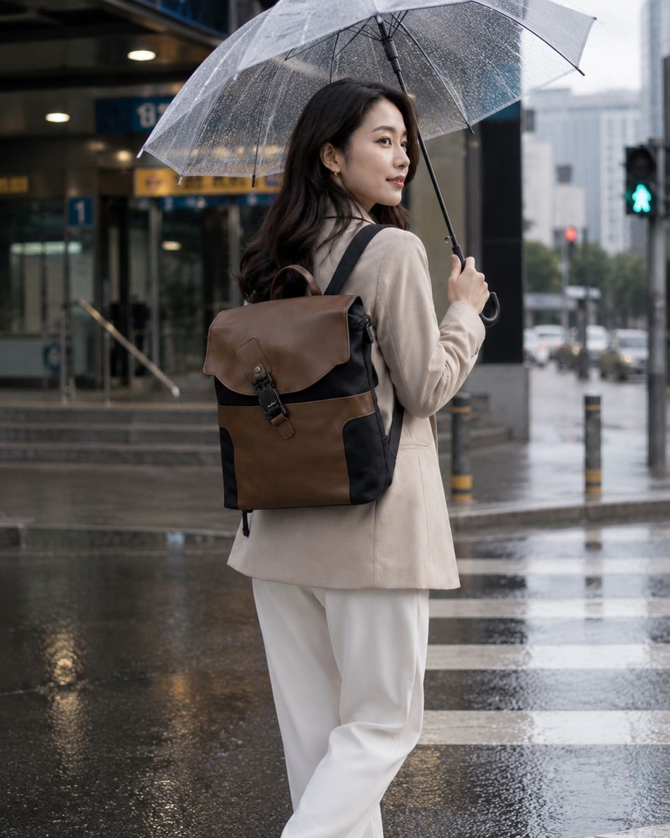 LAYRICH 防潑水後背包雨天通勤情境，女性撐傘走在台灣城市街口，棕黑色後背包搭配德國 Fidlock 磁釦與防盜設計