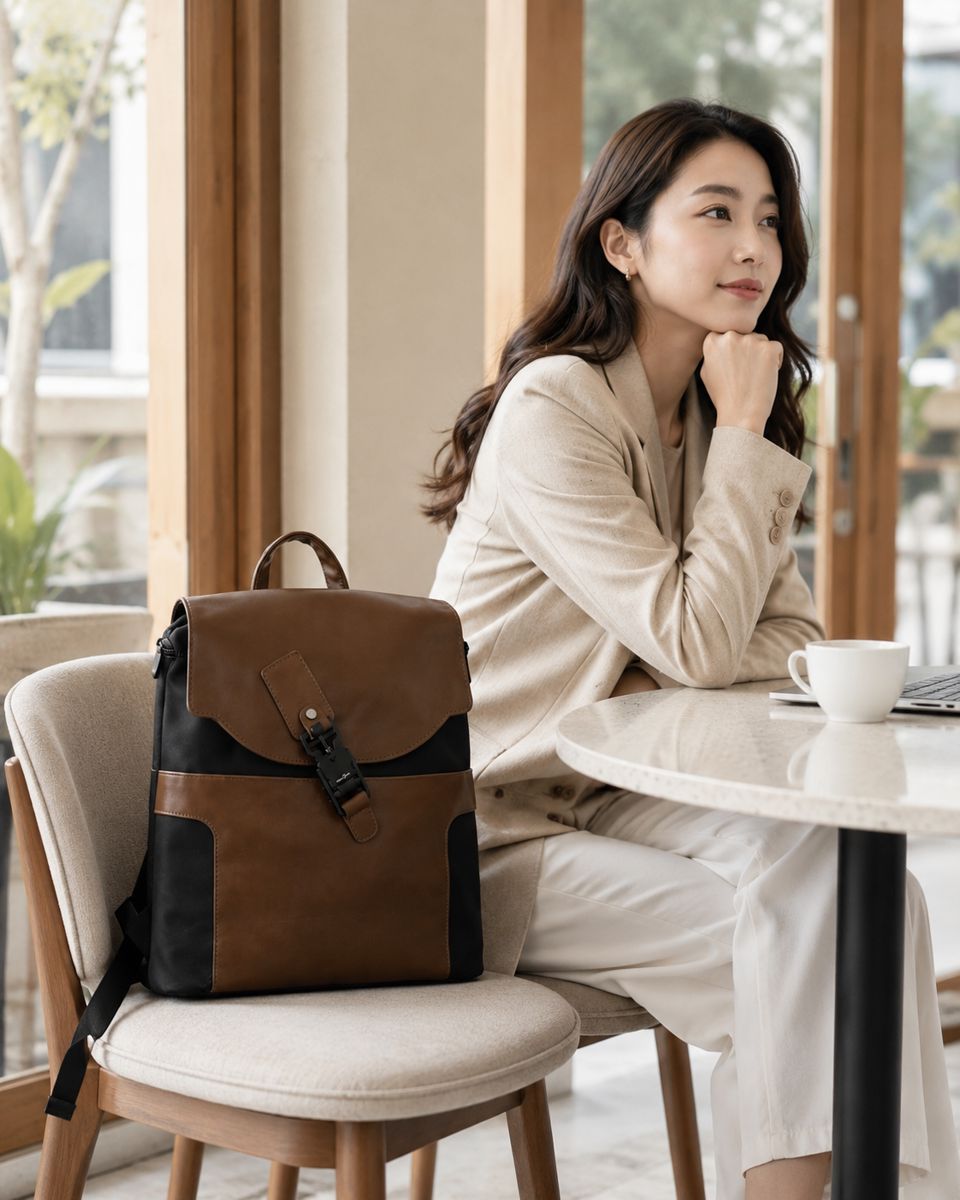 LAYRICH 女用後背包咖啡廳工作情境，棕黑色質感後背包搭配筆電與日常穿搭，適合台灣女性上班通勤與日常使用