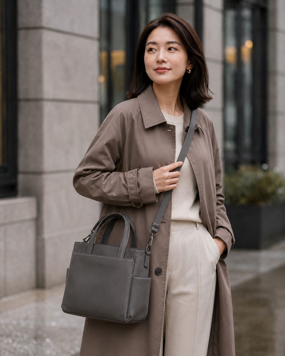 LAYRICH 灰色女用通勤包戶外情境圖，適合台灣上班族通勤、日常外出與簡約都會穿搭。