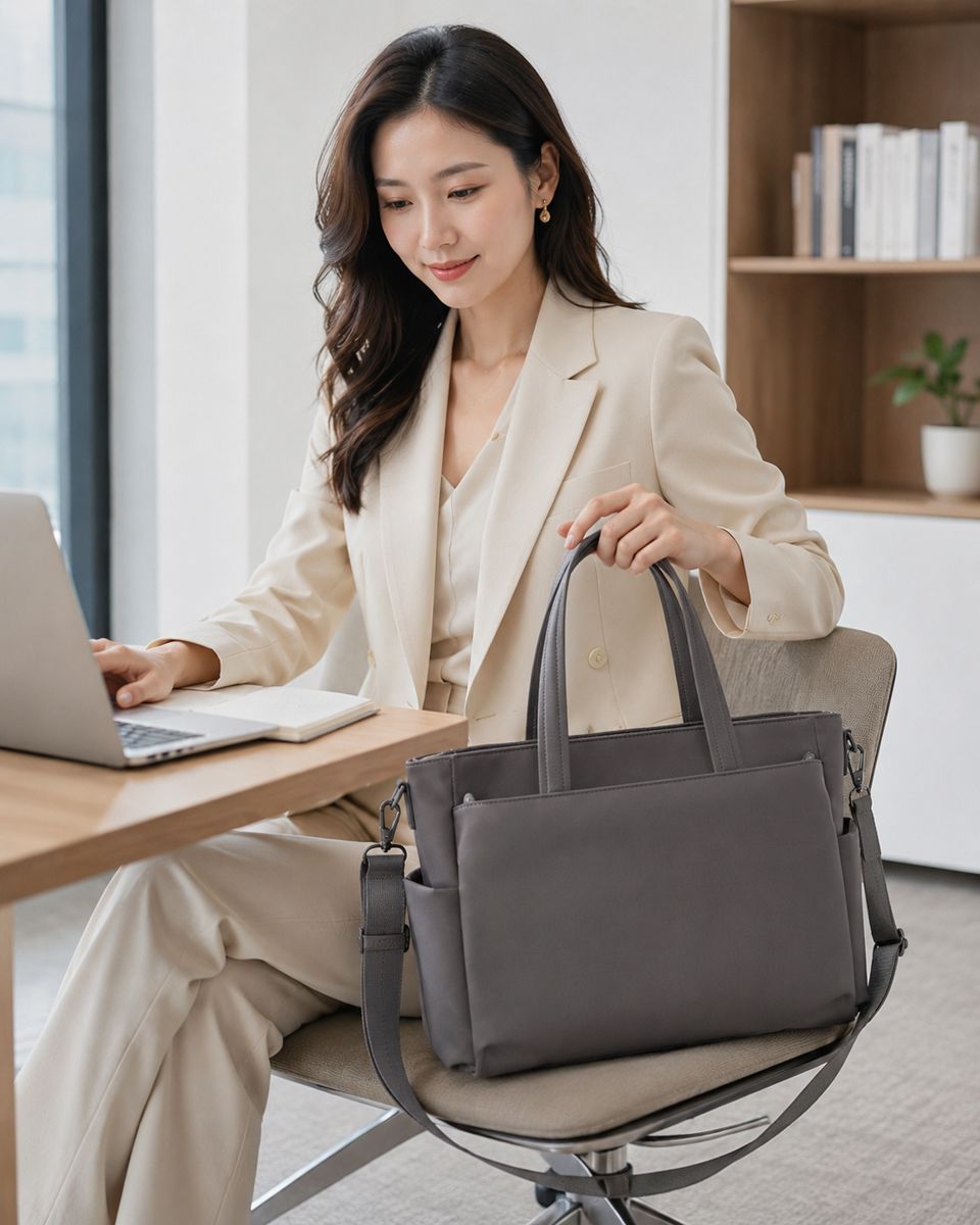LAYRICH 灰色女用通勤包辦公桌情境圖，適合台灣女生上班、通勤收納與日常工作使用。
