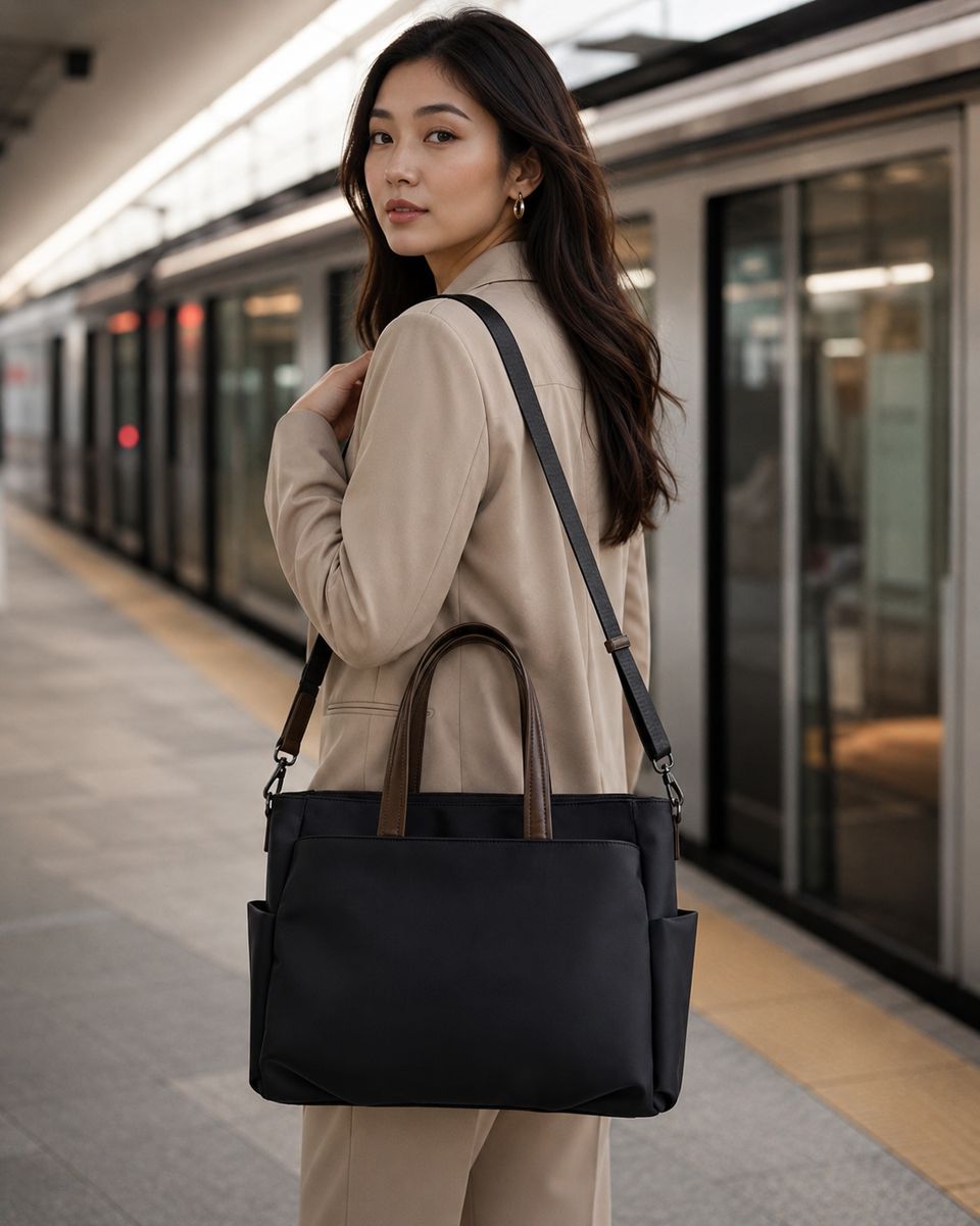 LAYRICH 女用通勤托特包黑色款捷運情境圖，適合台灣女生上班通勤、日常收納與都會穿搭。