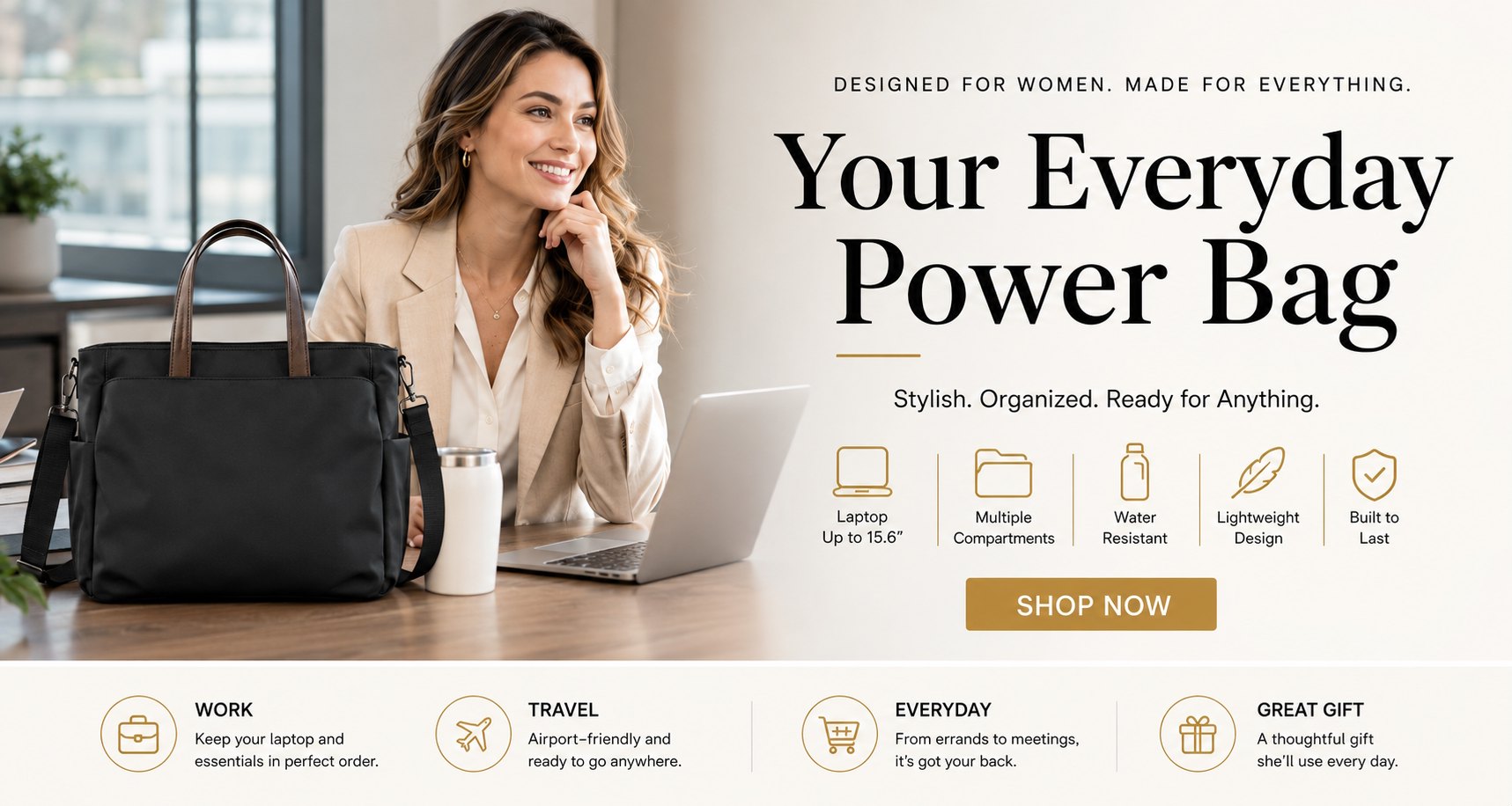 LAYRICH black large-capacity commuter tote bag situational photo, suitable for women for work commutes, coffee shop outings, with multiple compartments for storage, lightweight and durable, and versatile for everyday use