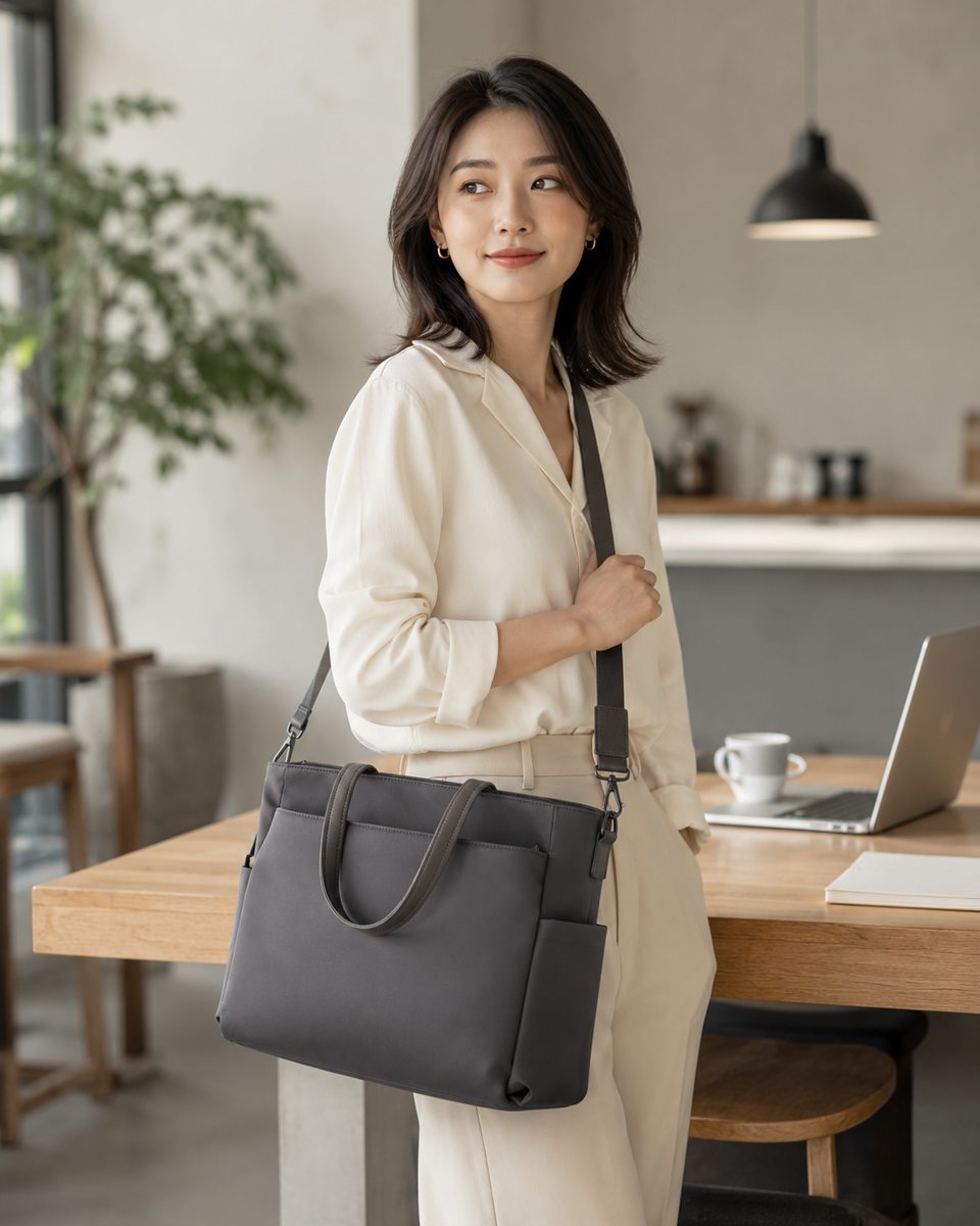 LAYRICH 灰色通勤托特包室內情境圖，適合台灣女生通勤、上班、咖啡廳與日常質感穿搭。