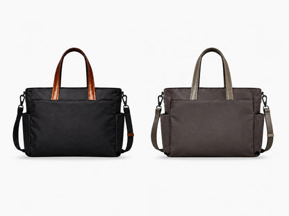 black Layrich lightweight laptop tote bag with organized interior shown in back view